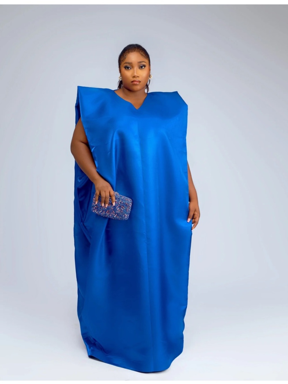 Elegant V-Neck Satin Maxi Dress in Cobalt Blue